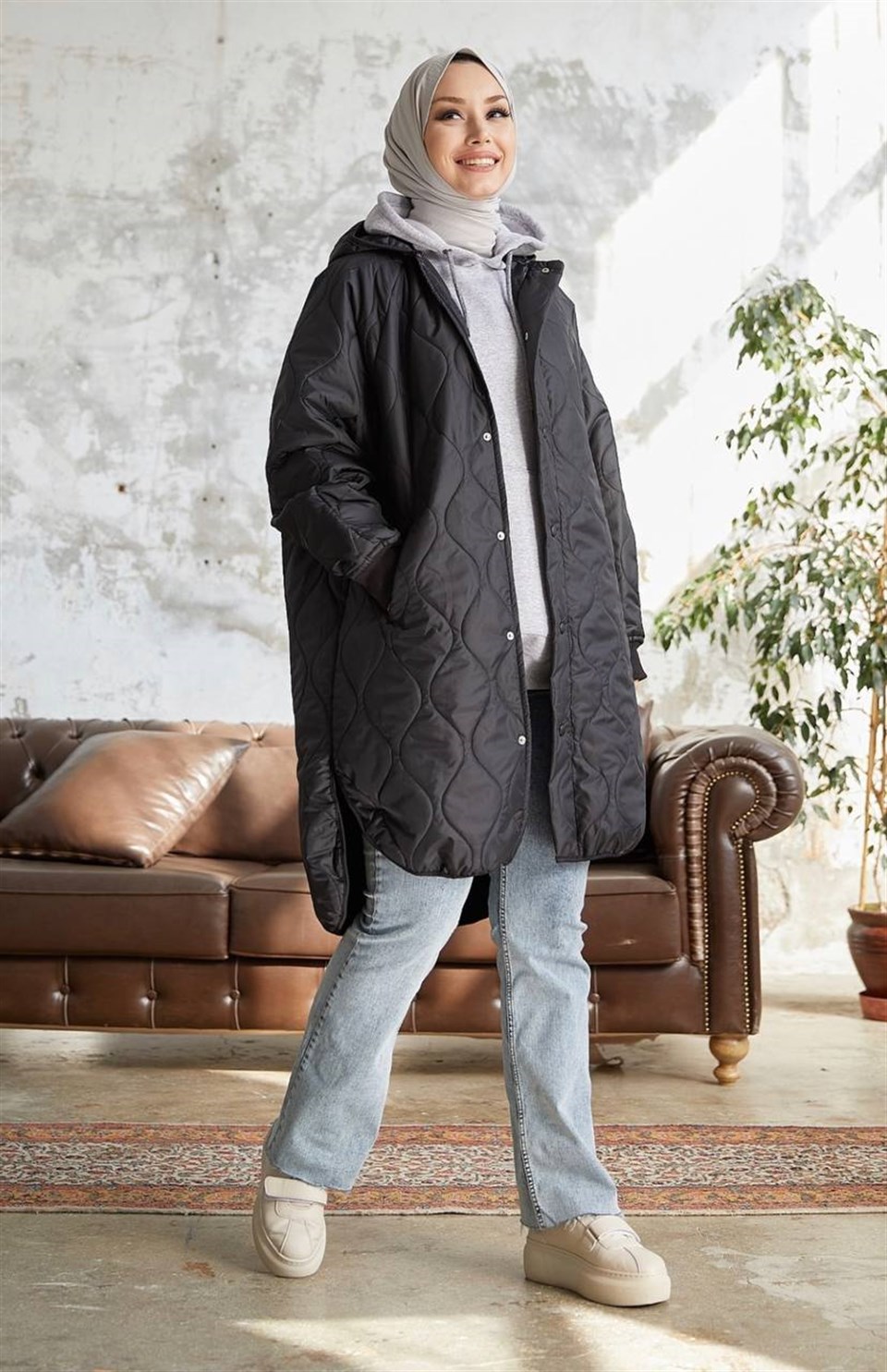 Armin Kapitone Oversize İnce Tesettür Mont  2212 Siyah