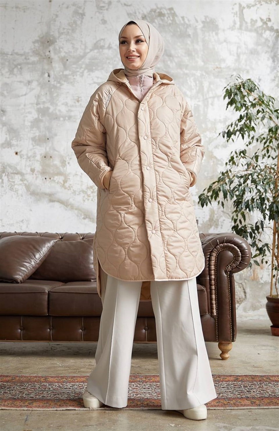 Armin Kapitone Oversize İnce Tesettür Mont  2212 Bej