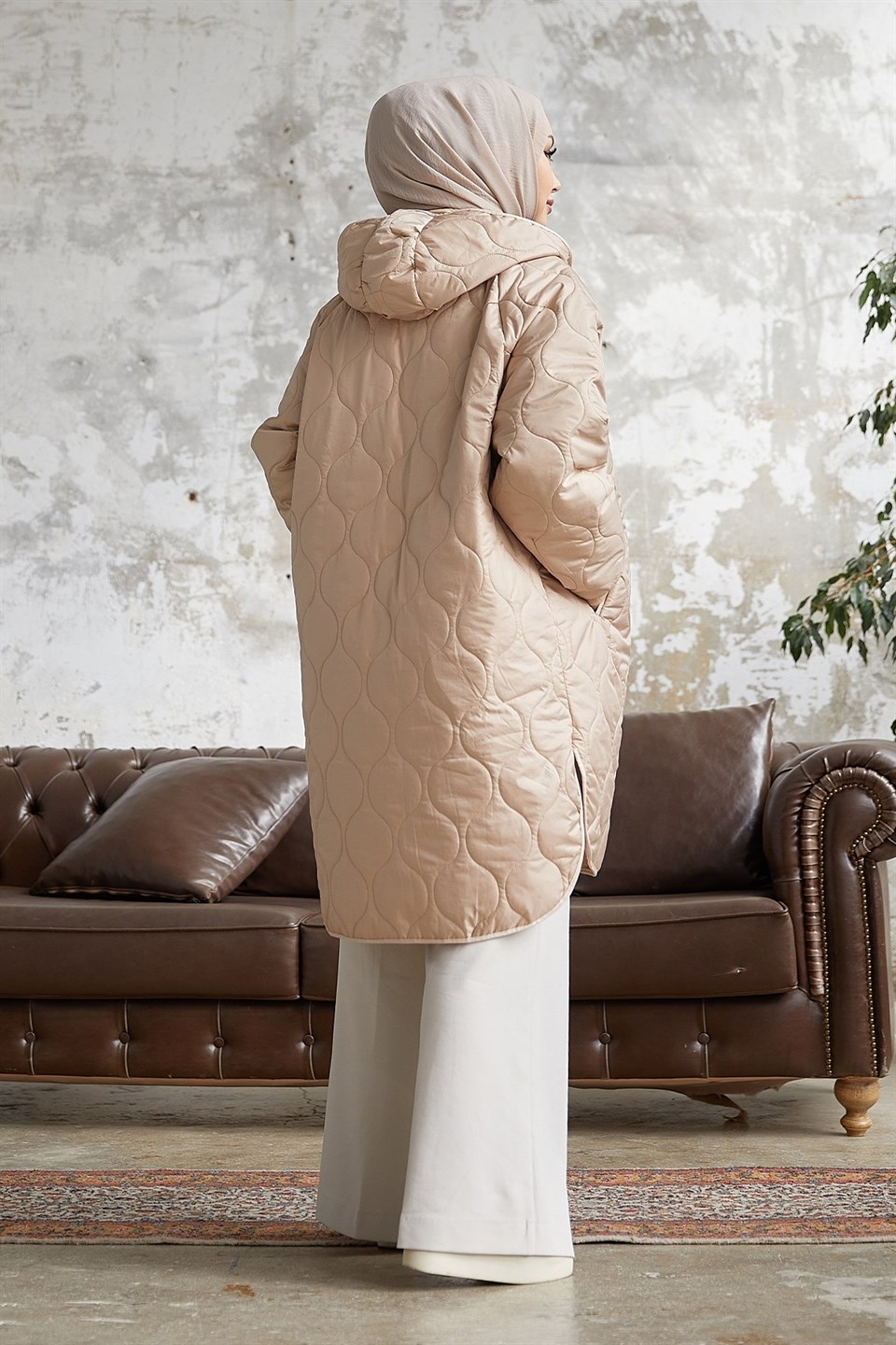 Armin Kapitone Oversize İnce Tesettür Mont  2212 Bej