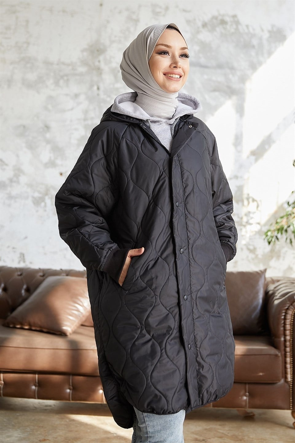Armin Kapitone Oversize İnce Tesettür Mont  2212 Siyah