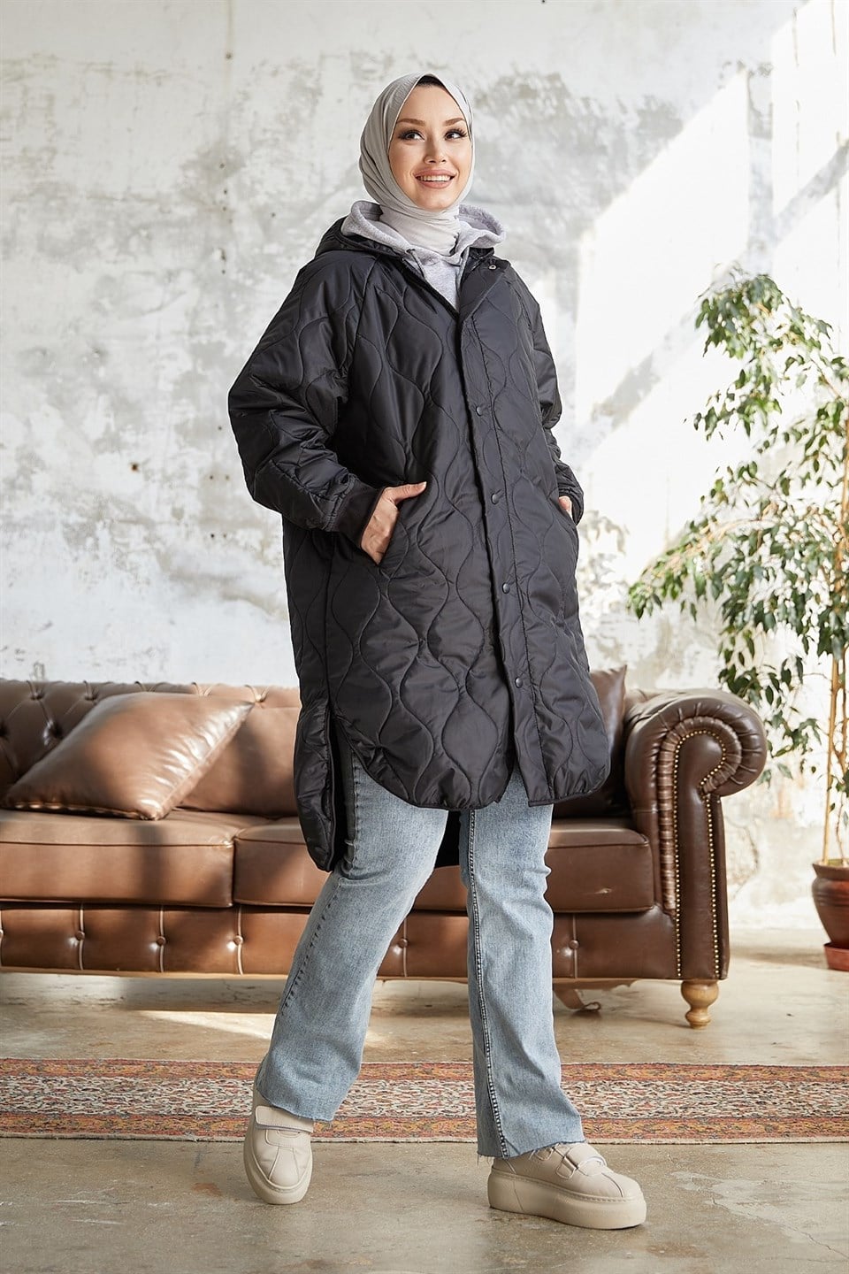 Armin Kapitone Oversize İnce Tesettür Mont  2212 Siyah