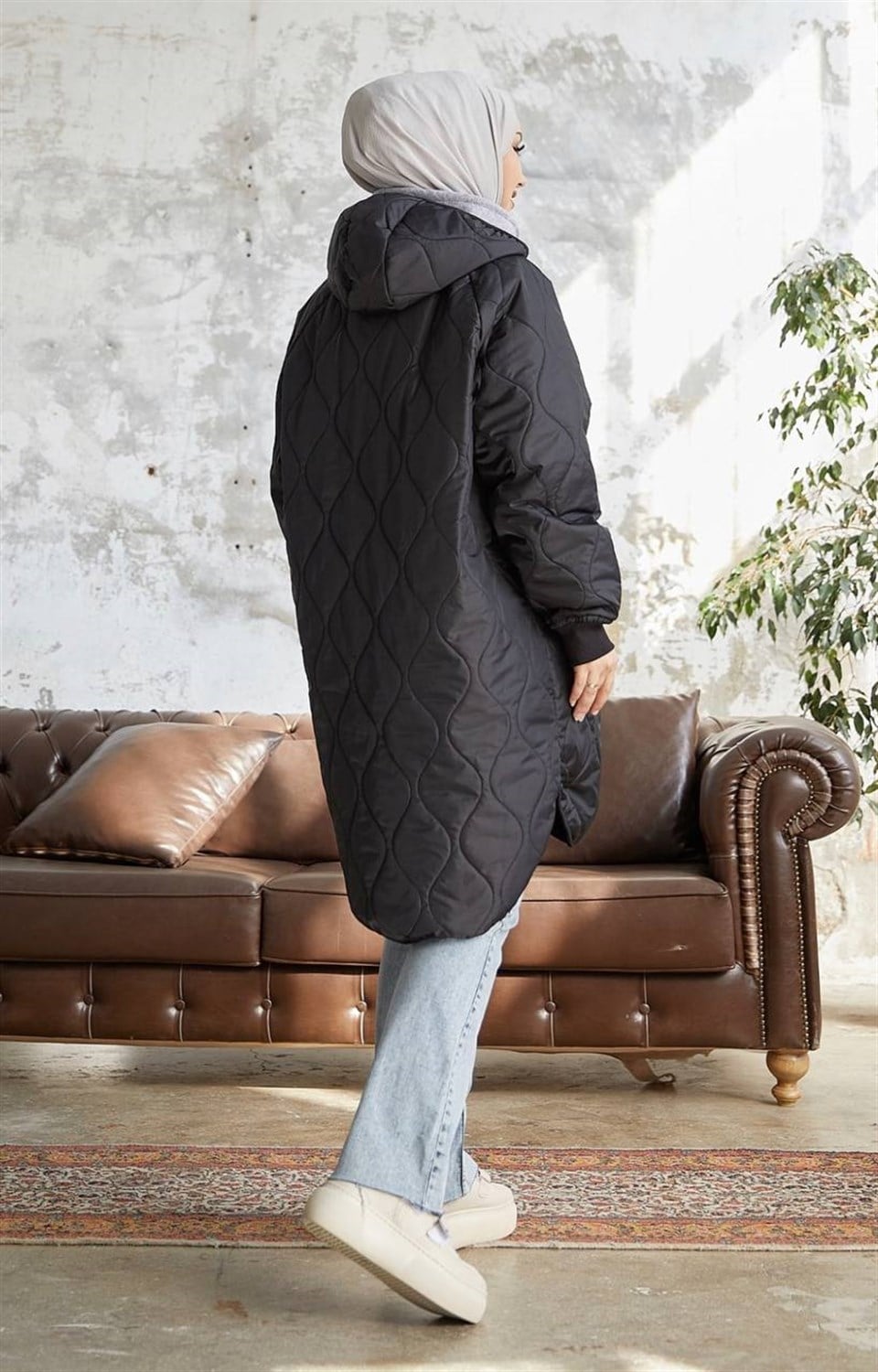 Armin Kapitone Oversize İnce Tesettür Mont  2212 Siyah
