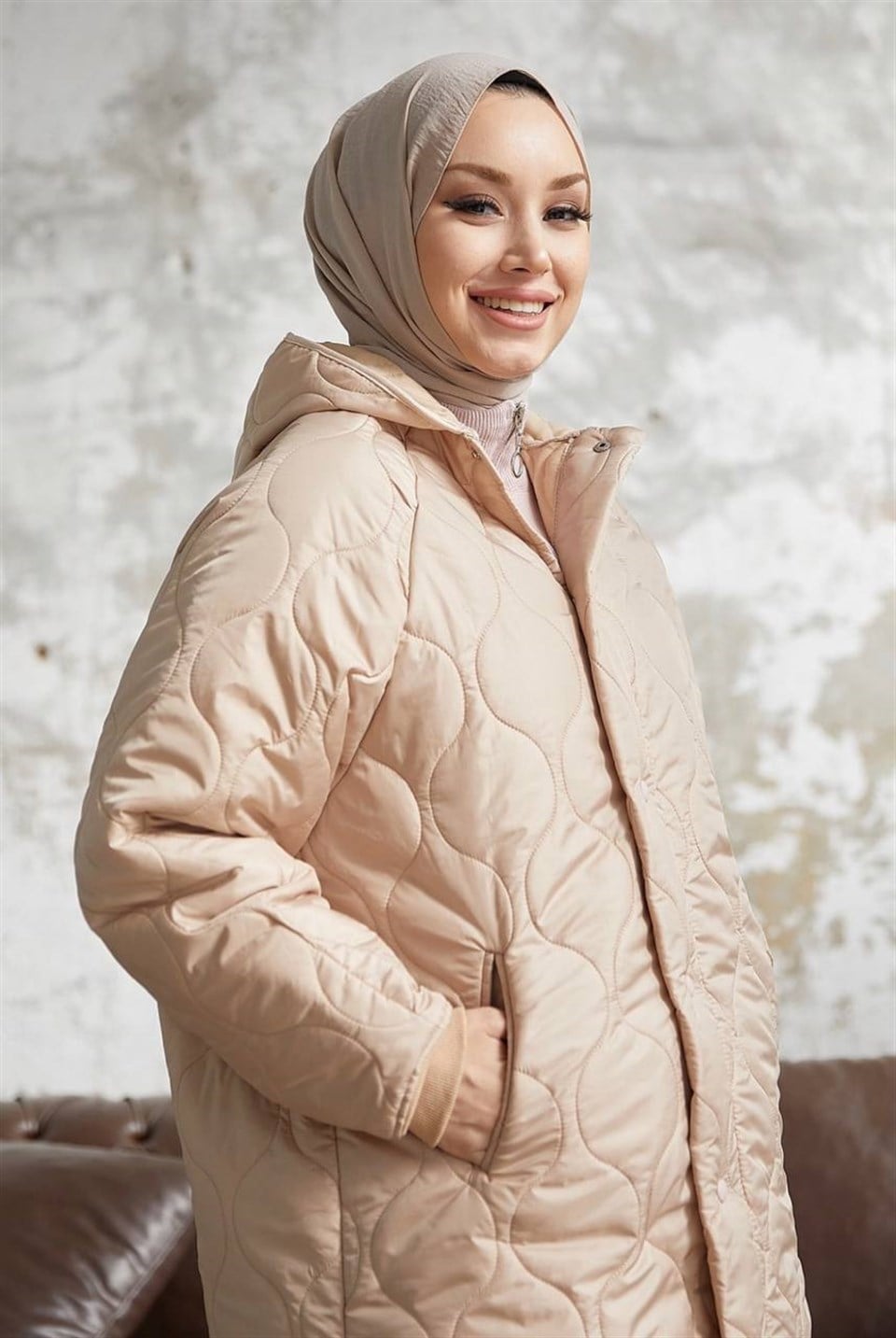 Armin Kapitone Oversize İnce Tesettür Mont  2212 Bej