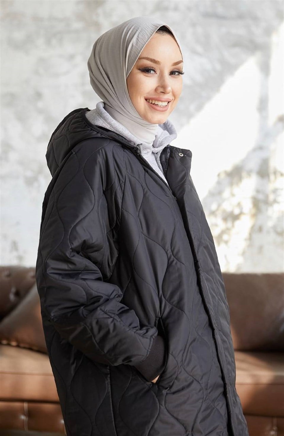 Armin Kapitone Oversize İnce Tesettür Mont  2212 Siyah