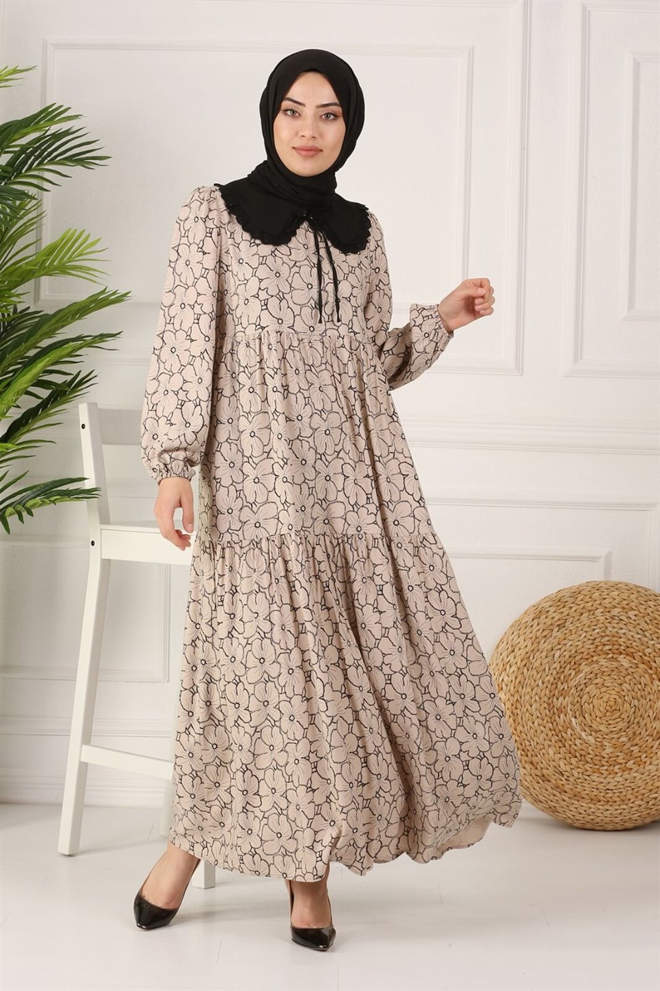 Bebe Yaka Çiçekli Tesettür Elbise 10324 Bej