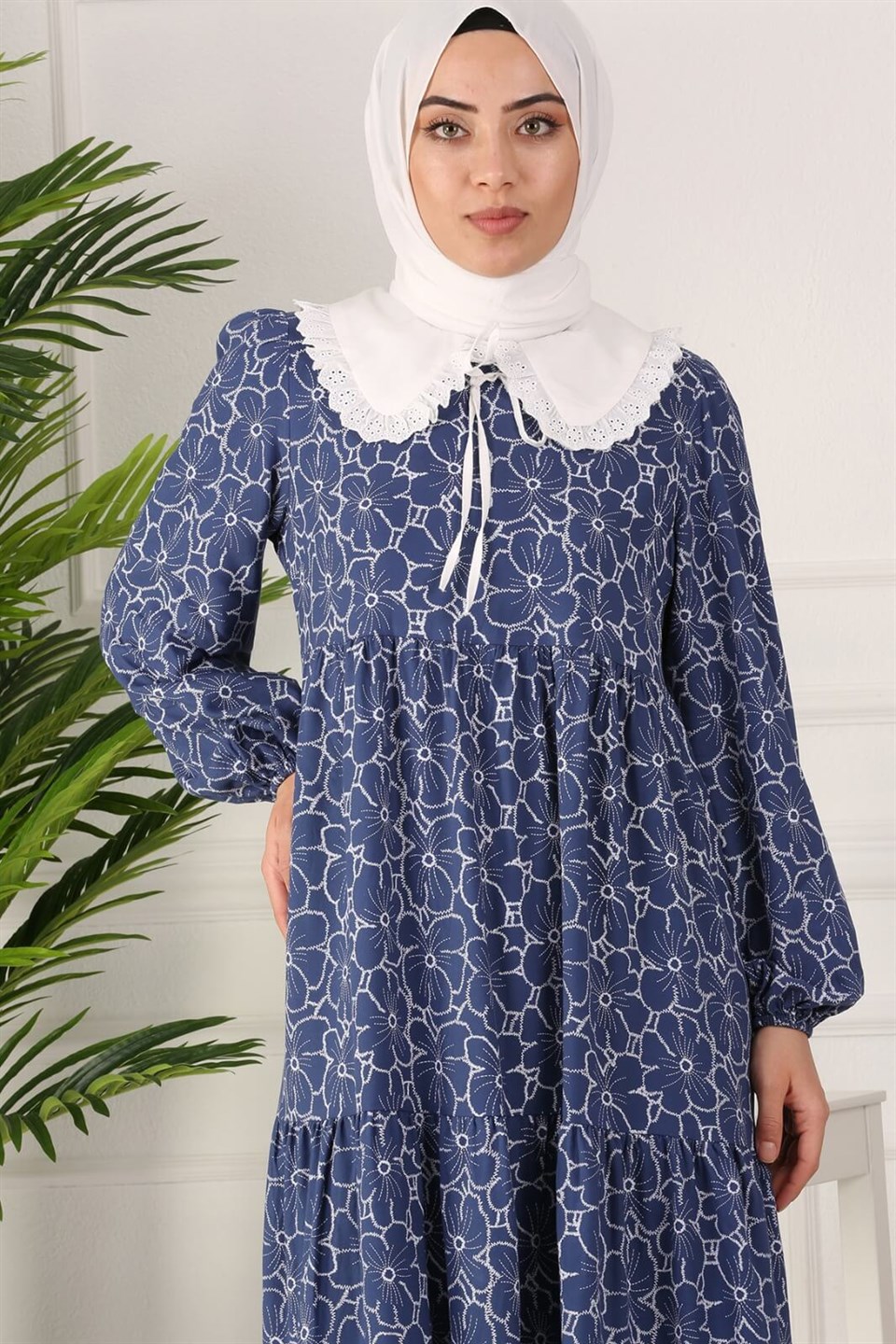 Bebe Yaka Çiçekli Tesettür Elbise 10324 Mavi