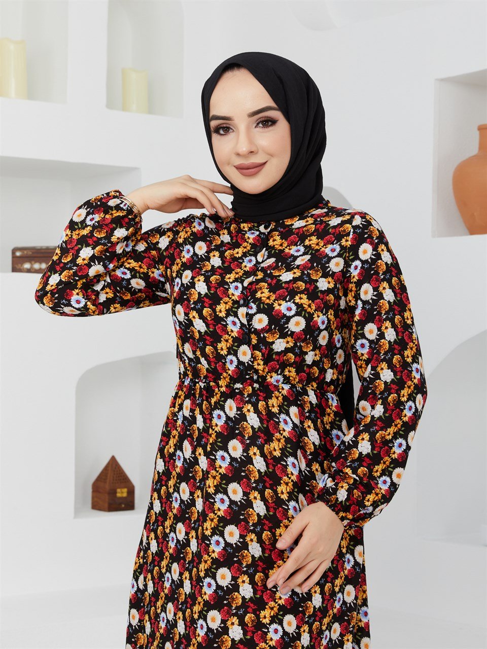 Çiçek Desen Tesettür Elbise BLB 8800-53 Siyah