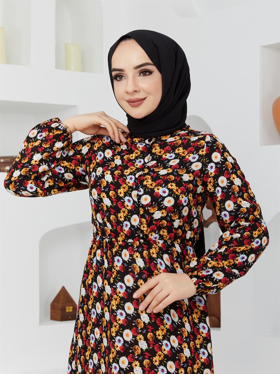 Çiçek Desen Tesettür Elbise BLB 8800-53 Siyah