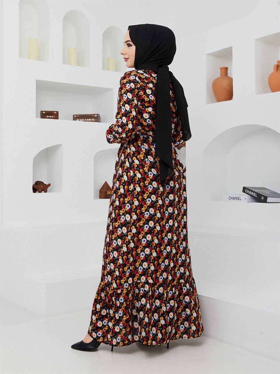 Çiçek Desen Tesettür Elbise BLB 8800-53 Siyah