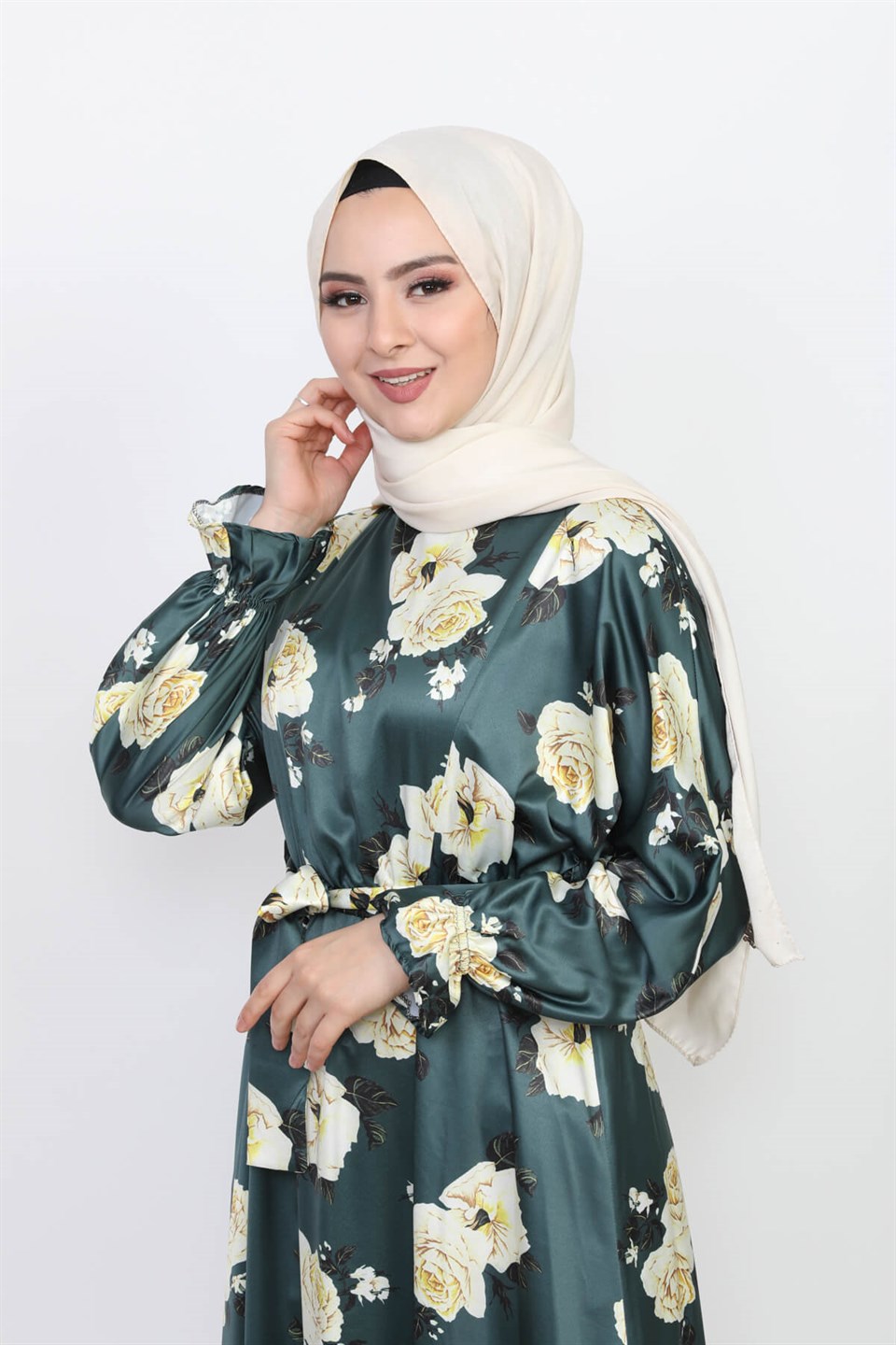 Çiçek Desenli Saten Tesettür Elbise 7108 Mint