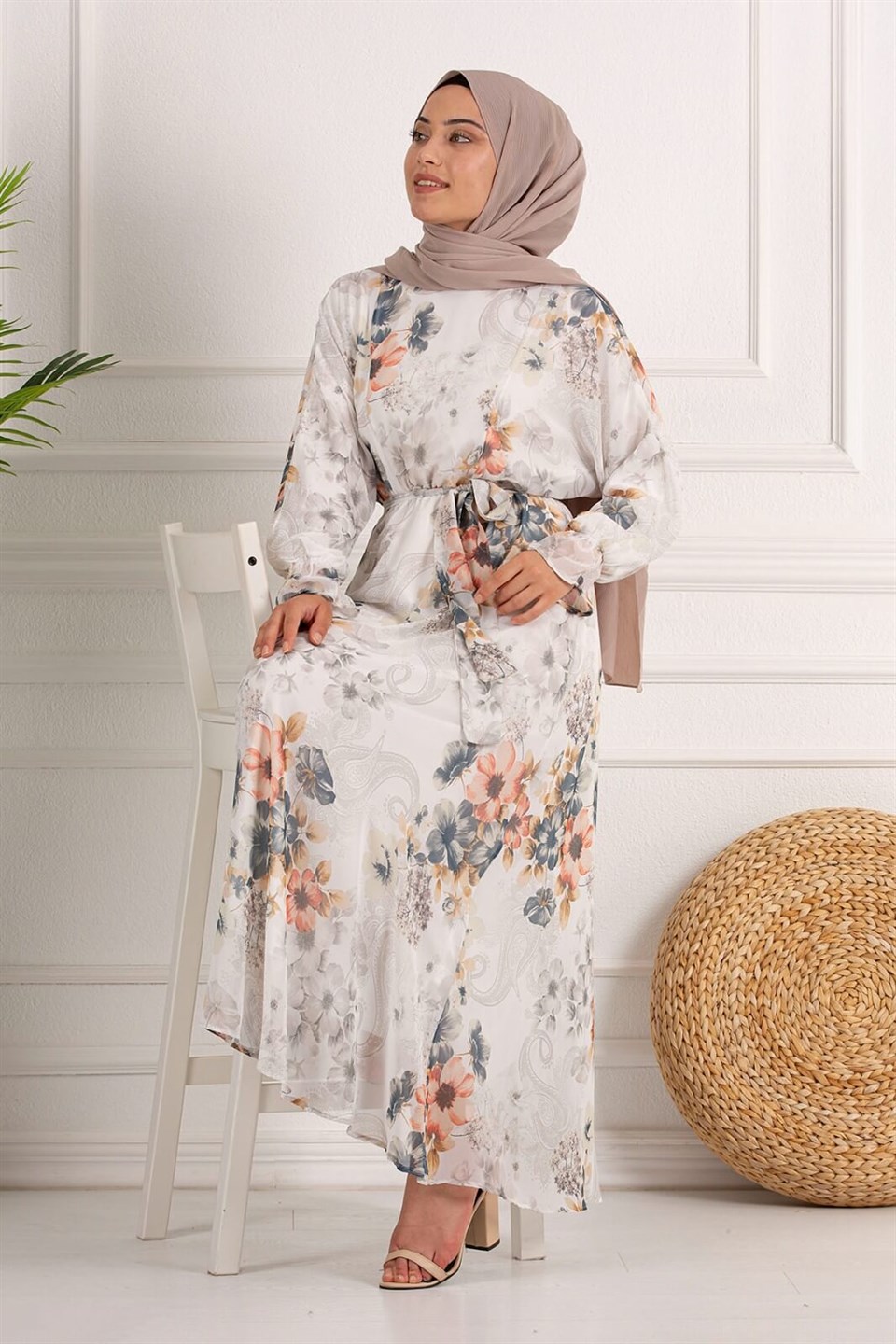 Çiçek Desenli Şifon Tesettür Elbise 7108-2 Ekru