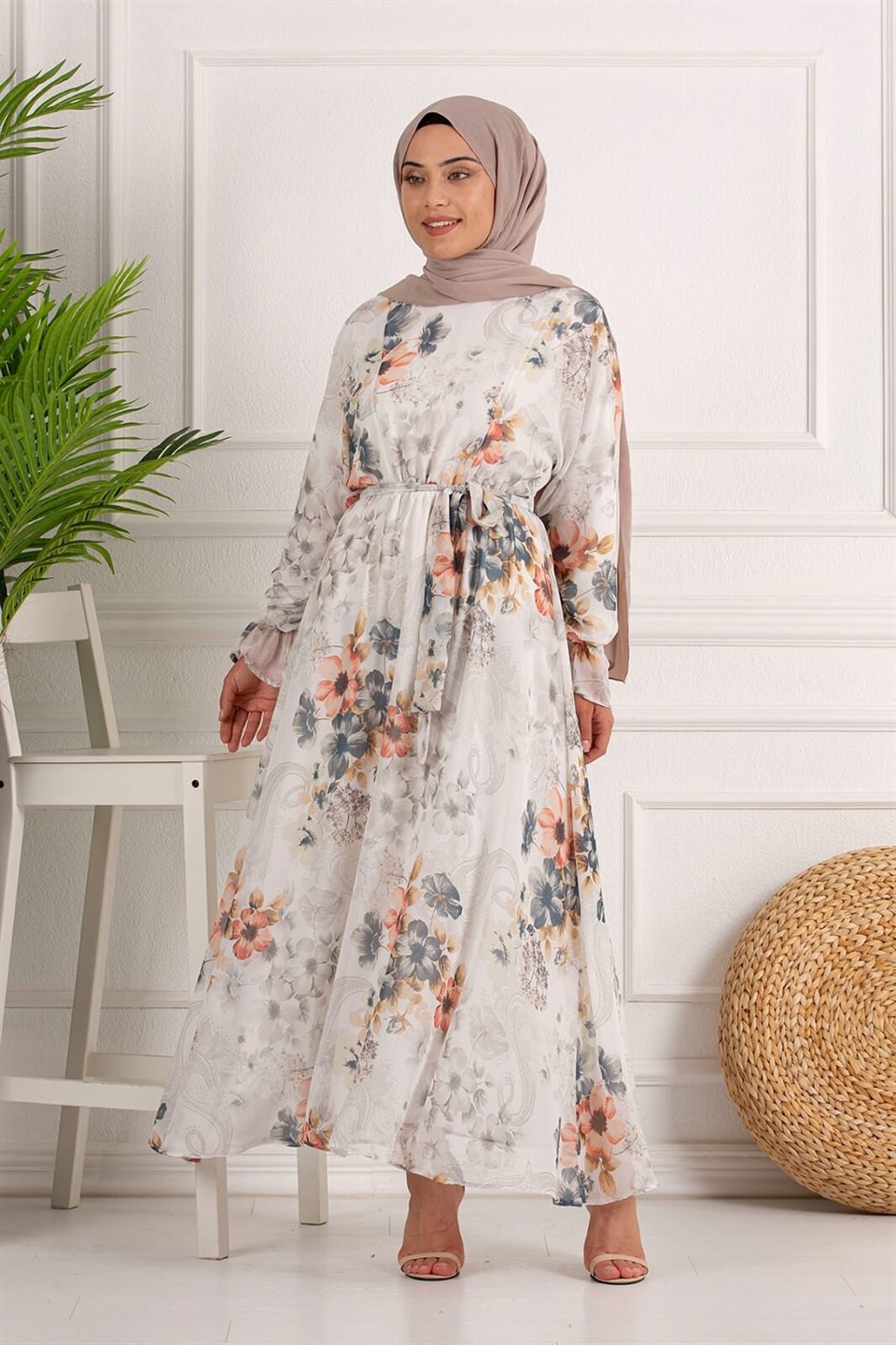 Çiçek Desenli Şifon Tesettür Elbise 7108-2 Ekru