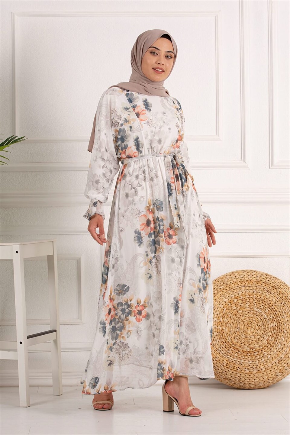Çiçek Desenli Şifon Tesettür Elbise 7108-2 Ekru