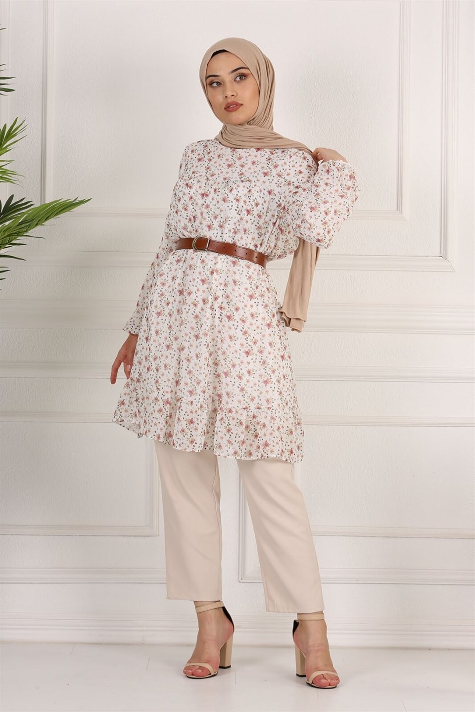 Çiçek Desenli Şifon Tesettür Tunik 10264 Ekru