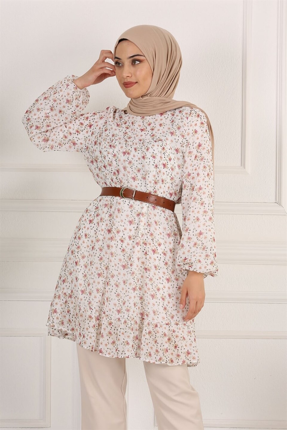 Çiçek Desenli Şifon Tesettür Tunik 10264 Ekru