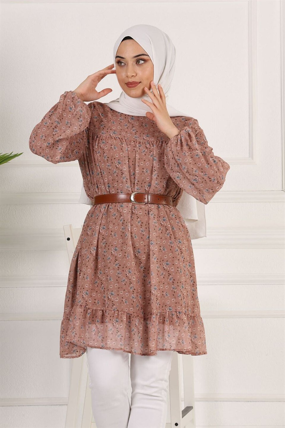 Çiçek Desenli Şifon Tesettür Tunik 10264 Somon