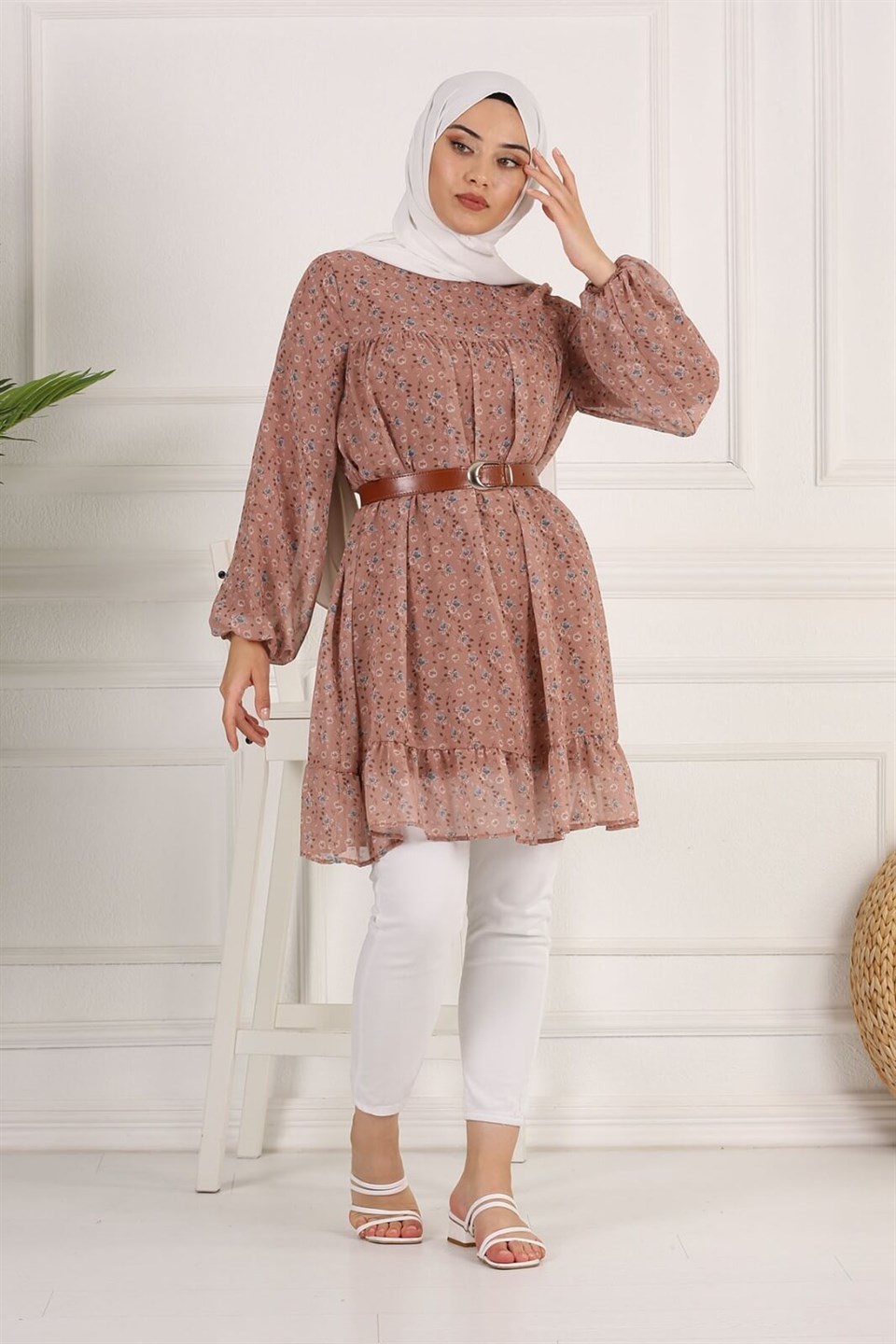 Çiçek Desenli Şifon Tesettür Tunik 10264 Somon