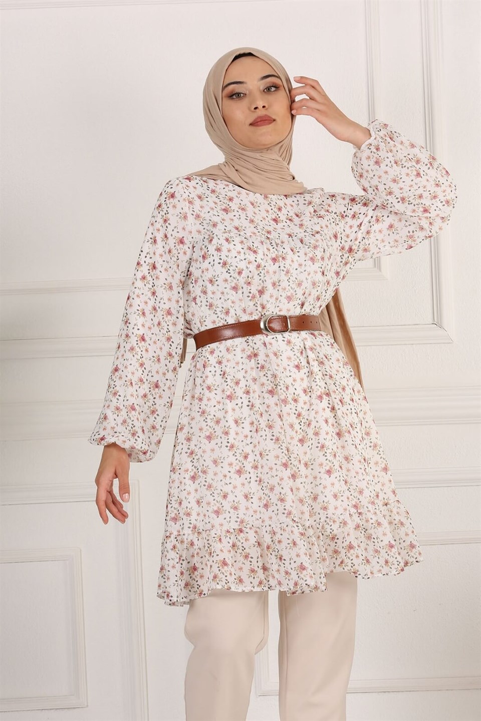 Çiçek Desenli Şifon Tesettür Tunik 10264 Ekru