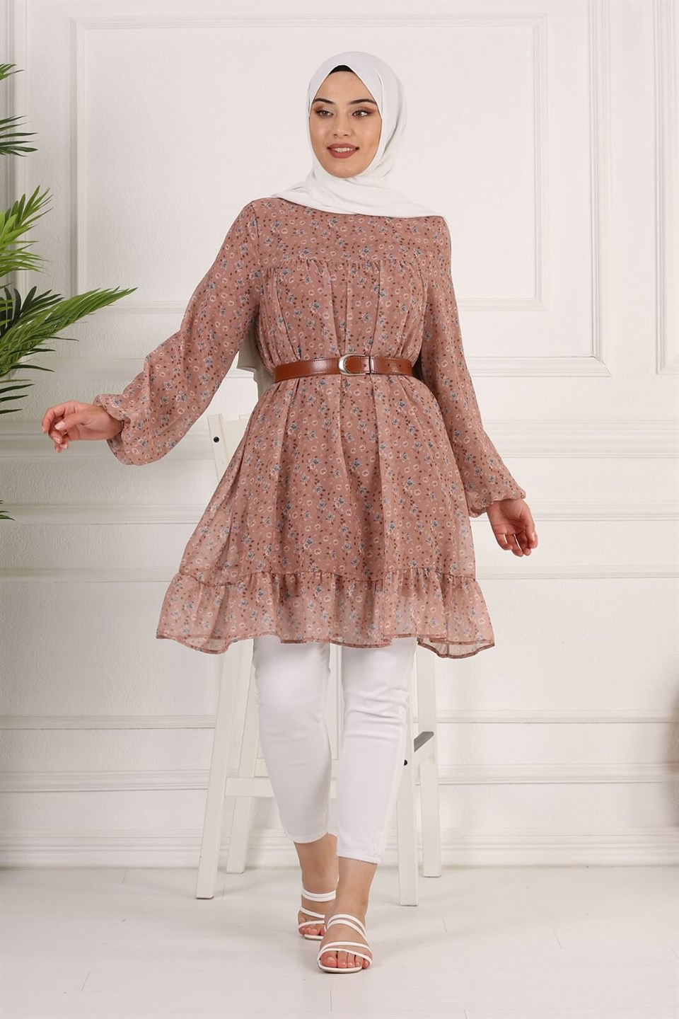 Çiçek Desenli Şifon Tesettür Tunik 10264 Somon