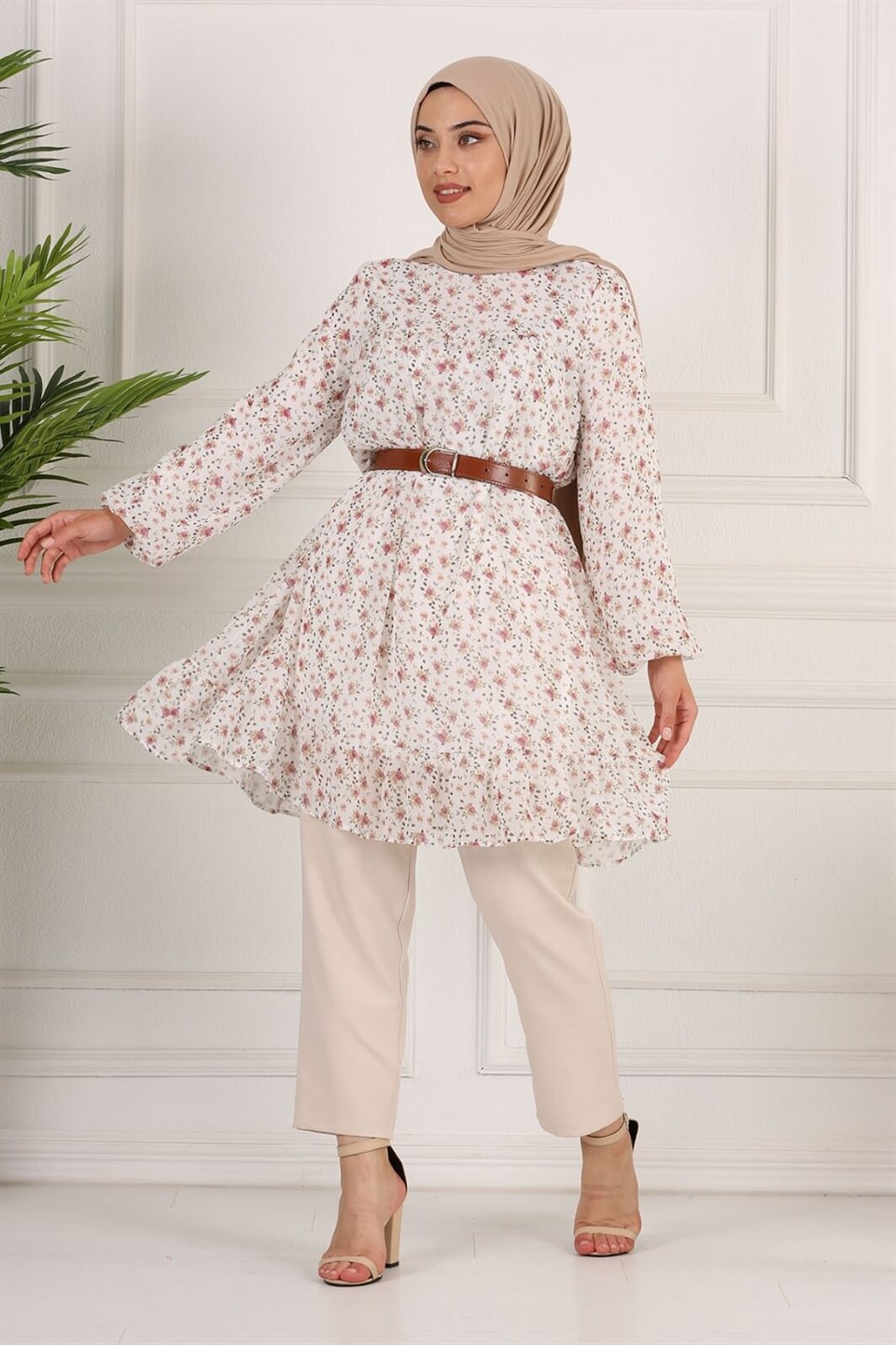 Çiçek Desenli Şifon Tesettür Tunik 10264 Ekru