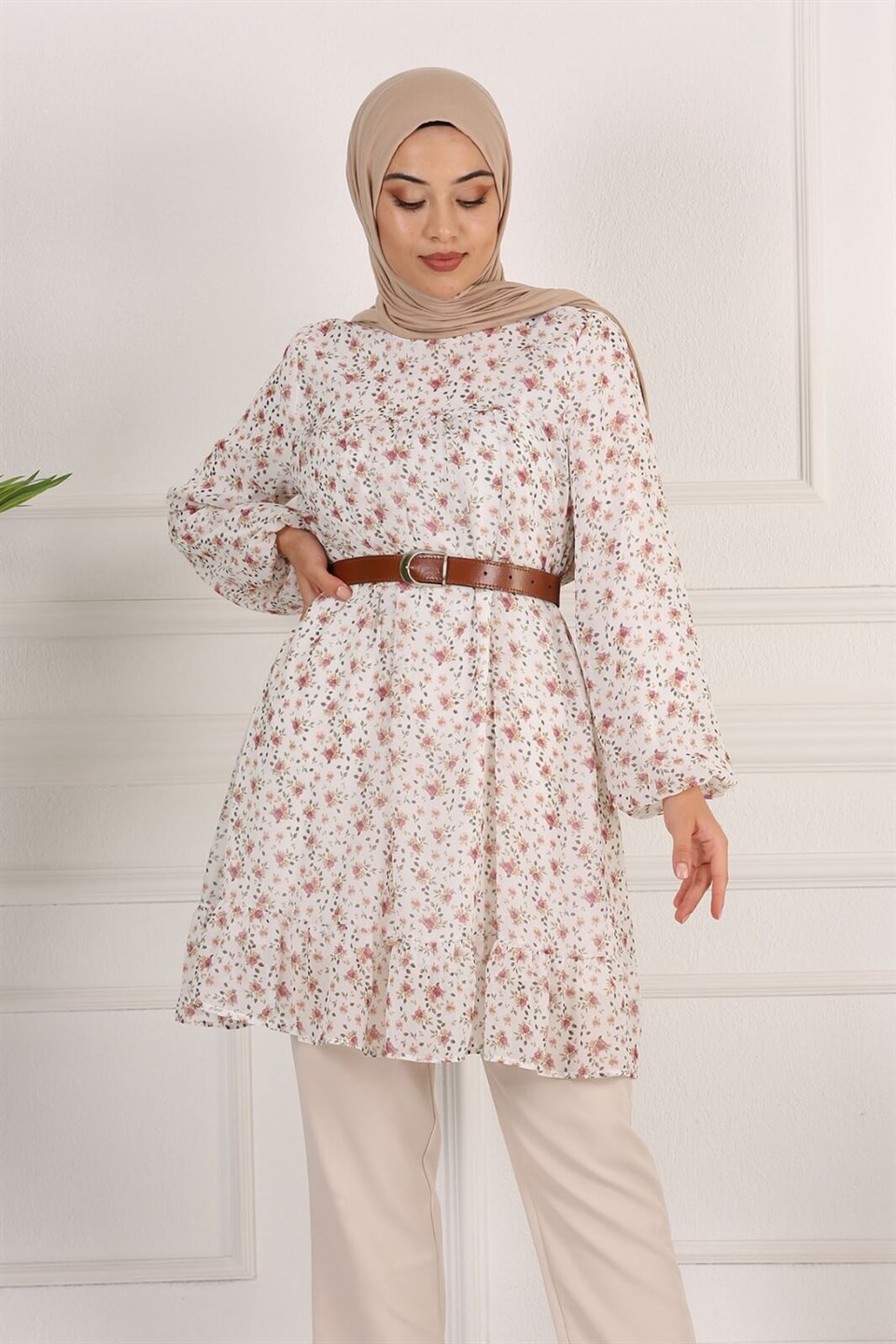 Çiçek Desenli Şifon Tesettür Tunik 10264 Ekru