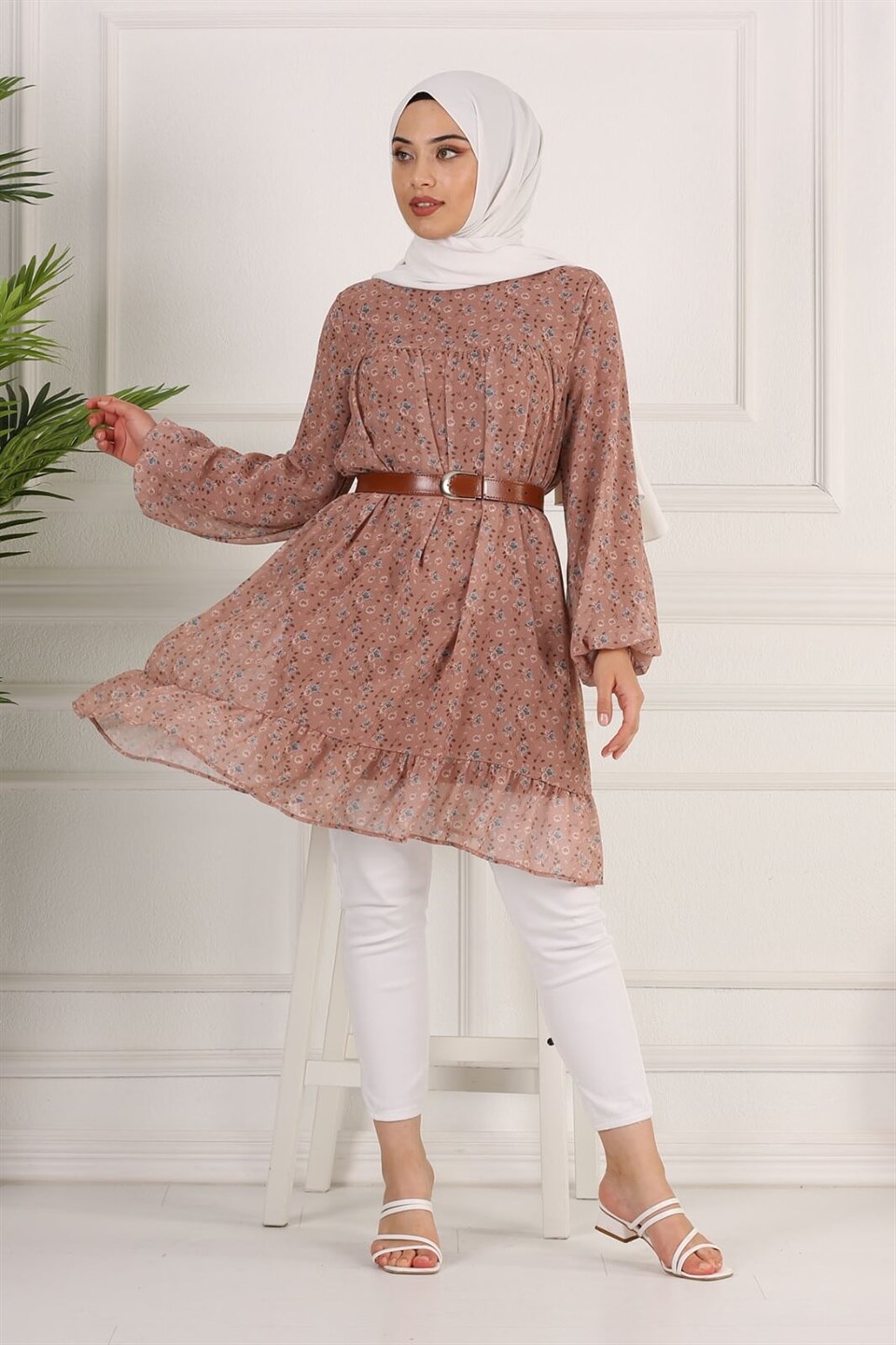 Çiçek Desenli Şifon Tesettür Tunik 10264 Somon