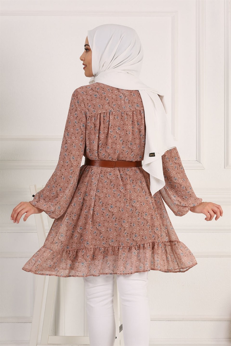 Çiçek Desenli Şifon Tesettür Tunik 10264 Somon