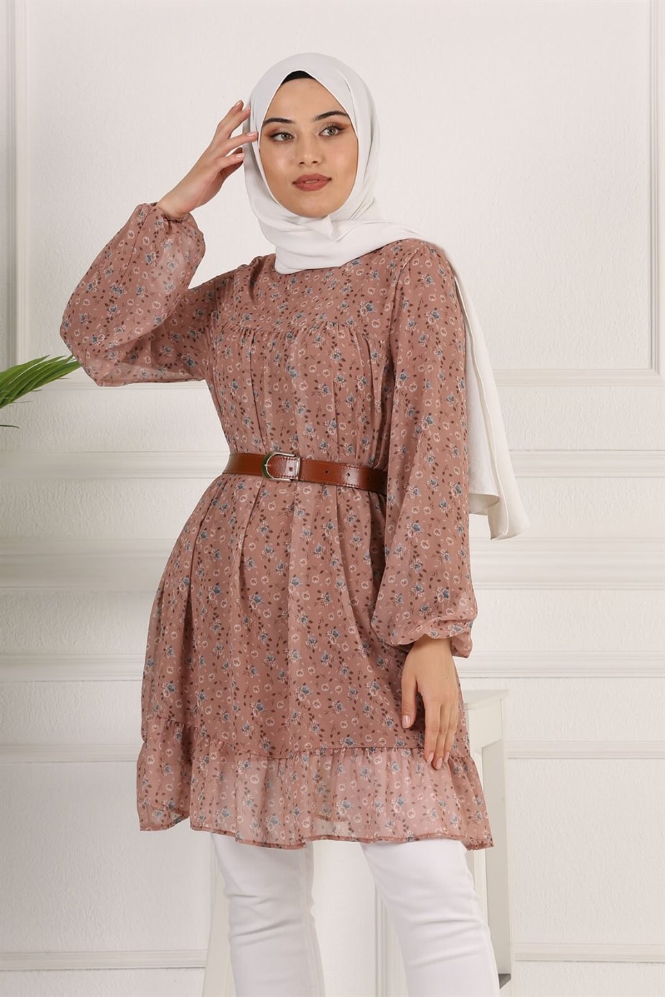 Çiçek Desenli Şifon Tesettür Tunik 10264 Somon