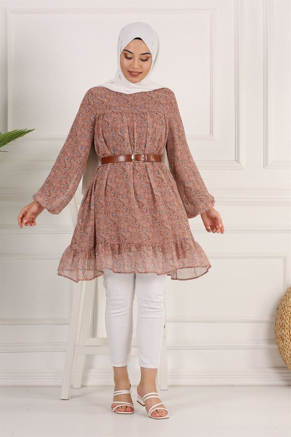 Çiçek Desenli Şifon Tesettür Tunik 10264 Somon