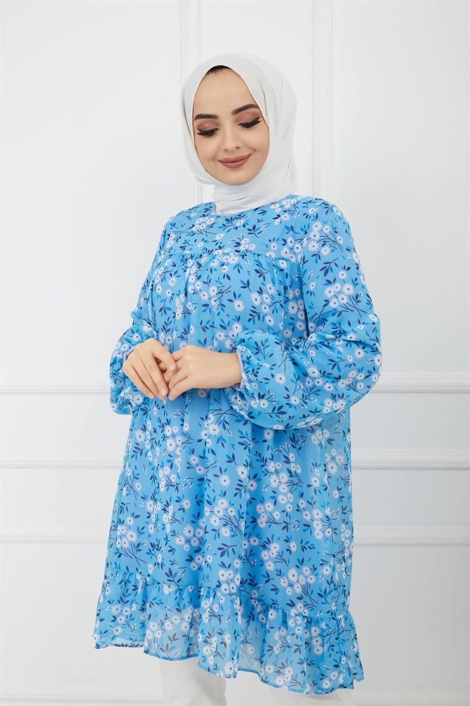 Çiçek Desenli Şifon Tunik 7034 Bebe Mavisi