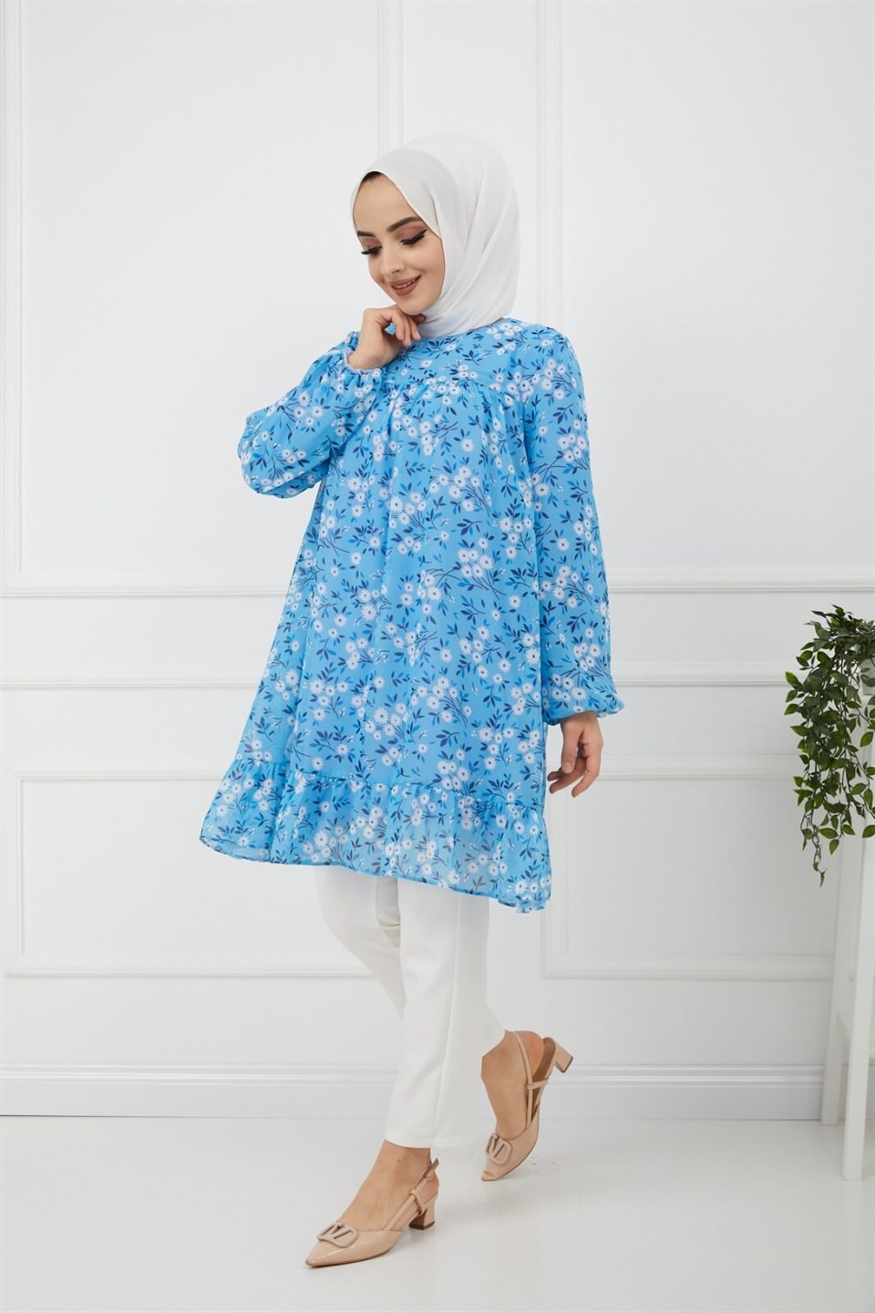 Çiçek Desenli Şifon Tunik 7034 Bebe Mavisi