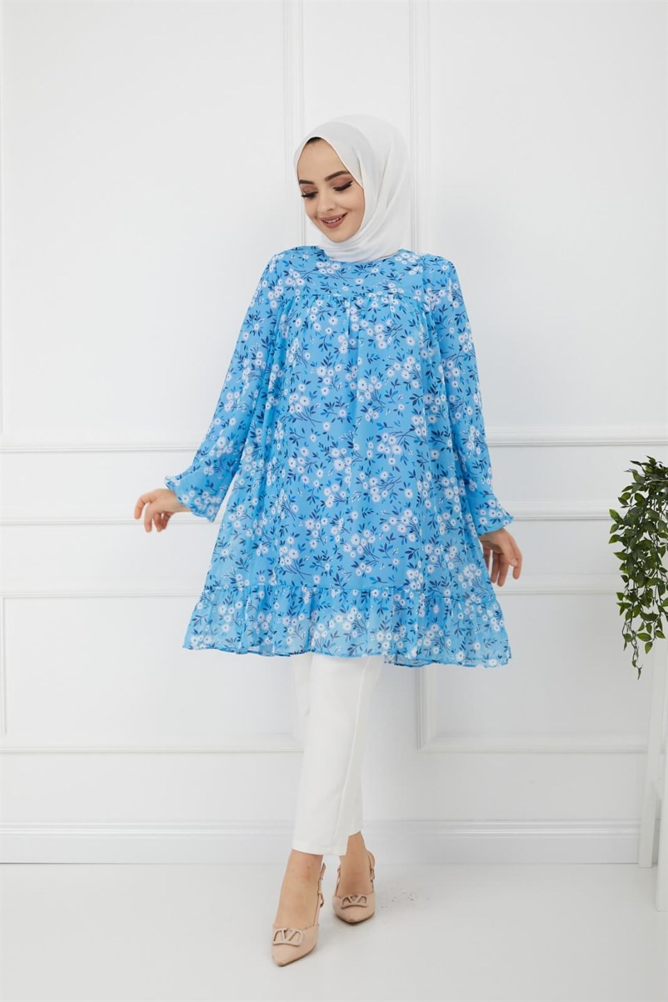 Çiçek Desenli Şifon Tunik 7034 Bebe Mavisi