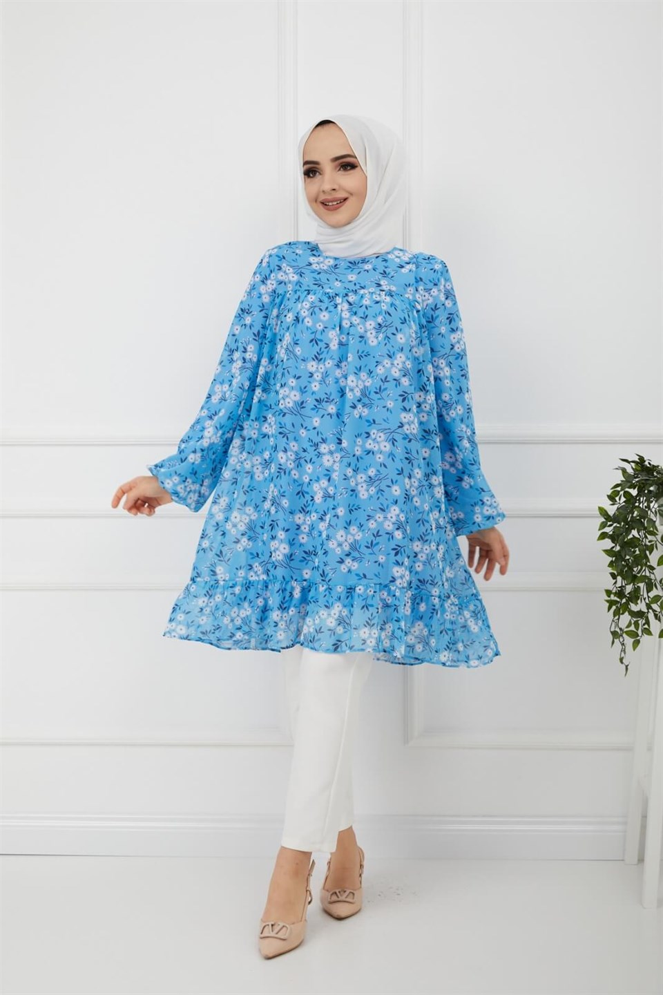 Çiçek Desenli Şifon Tunik 7034 Bebe Mavisi