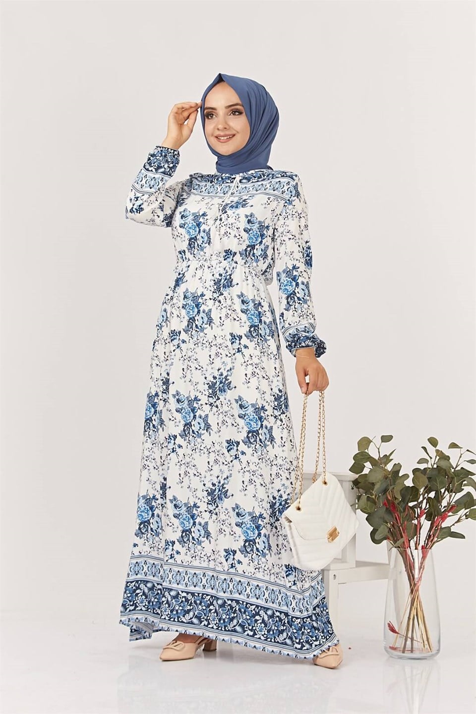 Çiçekli Desen Tesettür Elbise 7149 Mavi