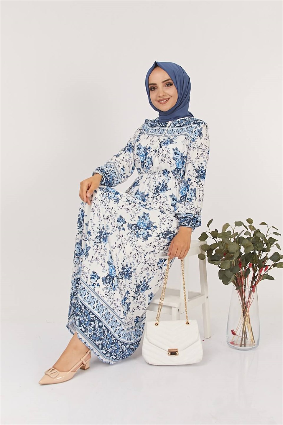 Çiçekli Desen Tesettür Elbise 7149 Mavi