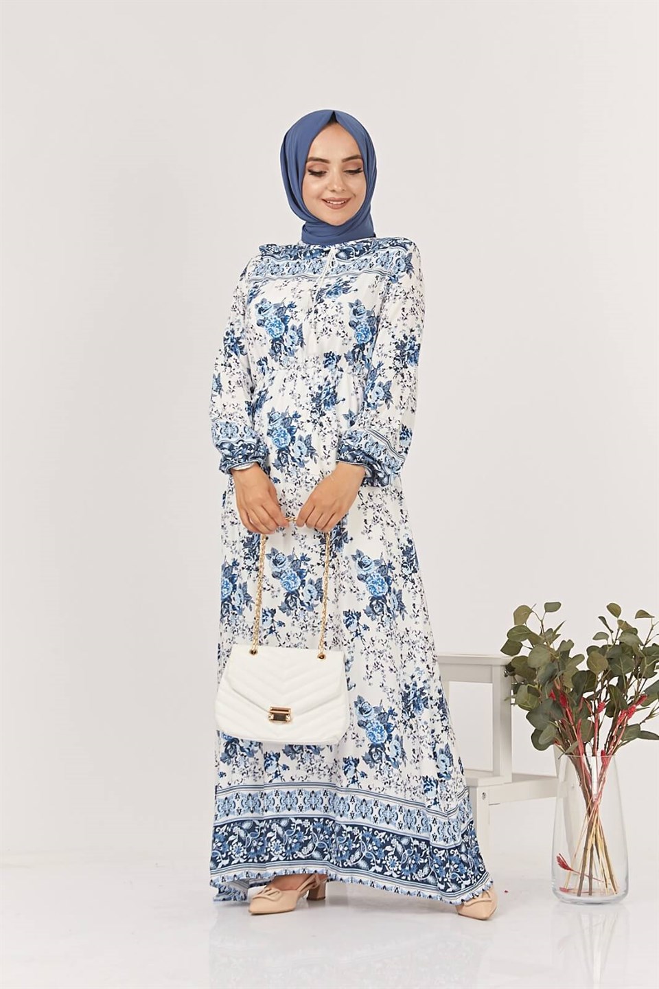 Çiçekli Desen Tesettür Elbise 7149 Mavi