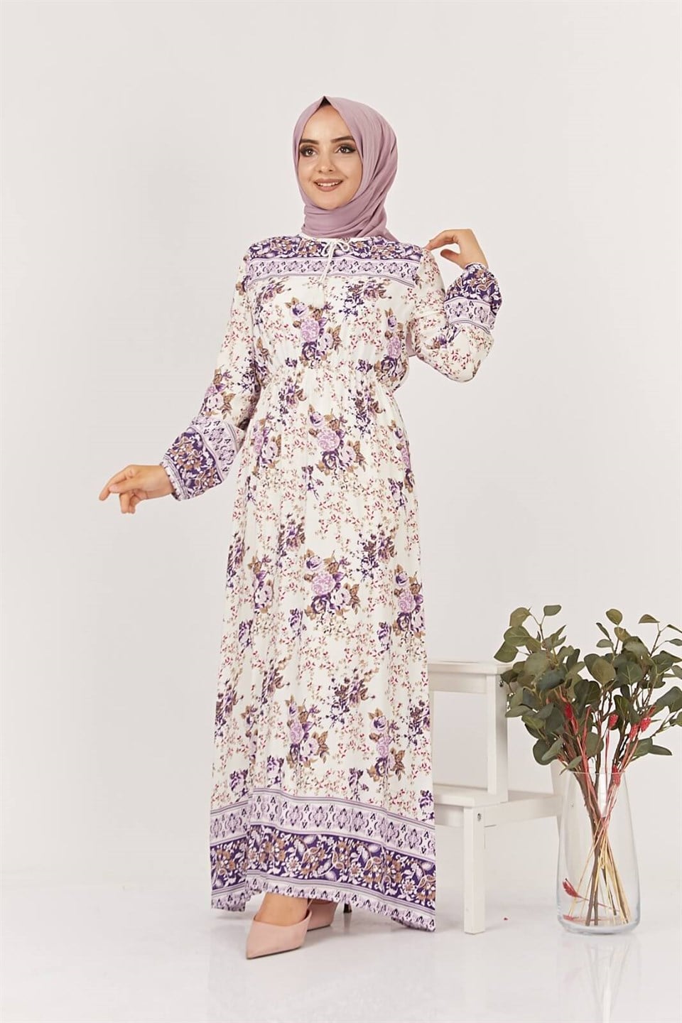Çiçekli Desen Tesettür Elbise 7149 Mor