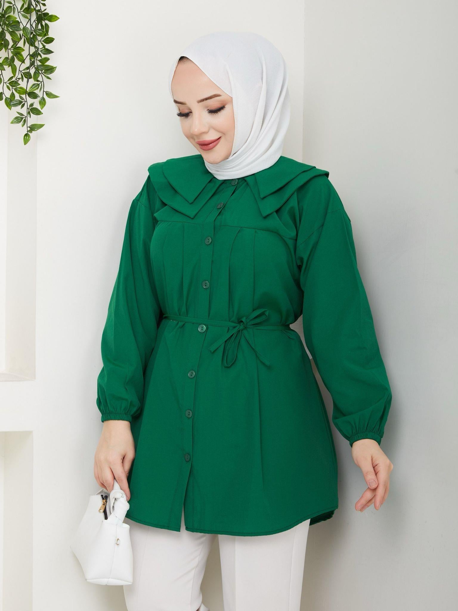 Çift Katlı Bebe Yaka Tesettür Tunik 2275 Zümrüt Yeşili