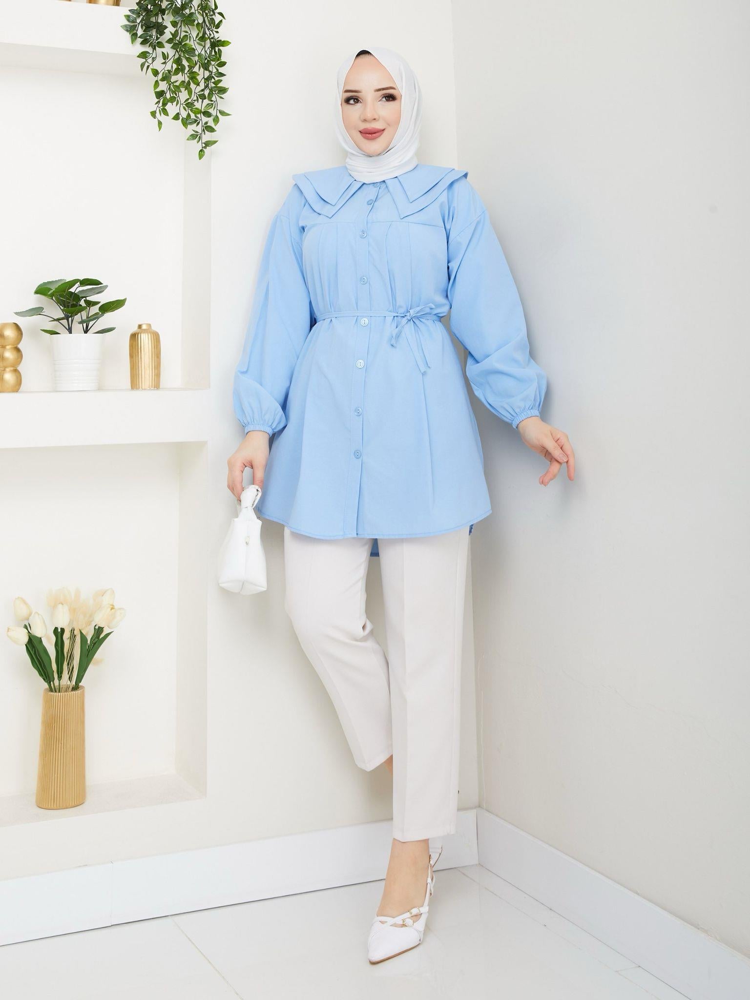 Çift Katlı Bebe Yaka Tesettür Tunik 2275 Bebe Mavisi