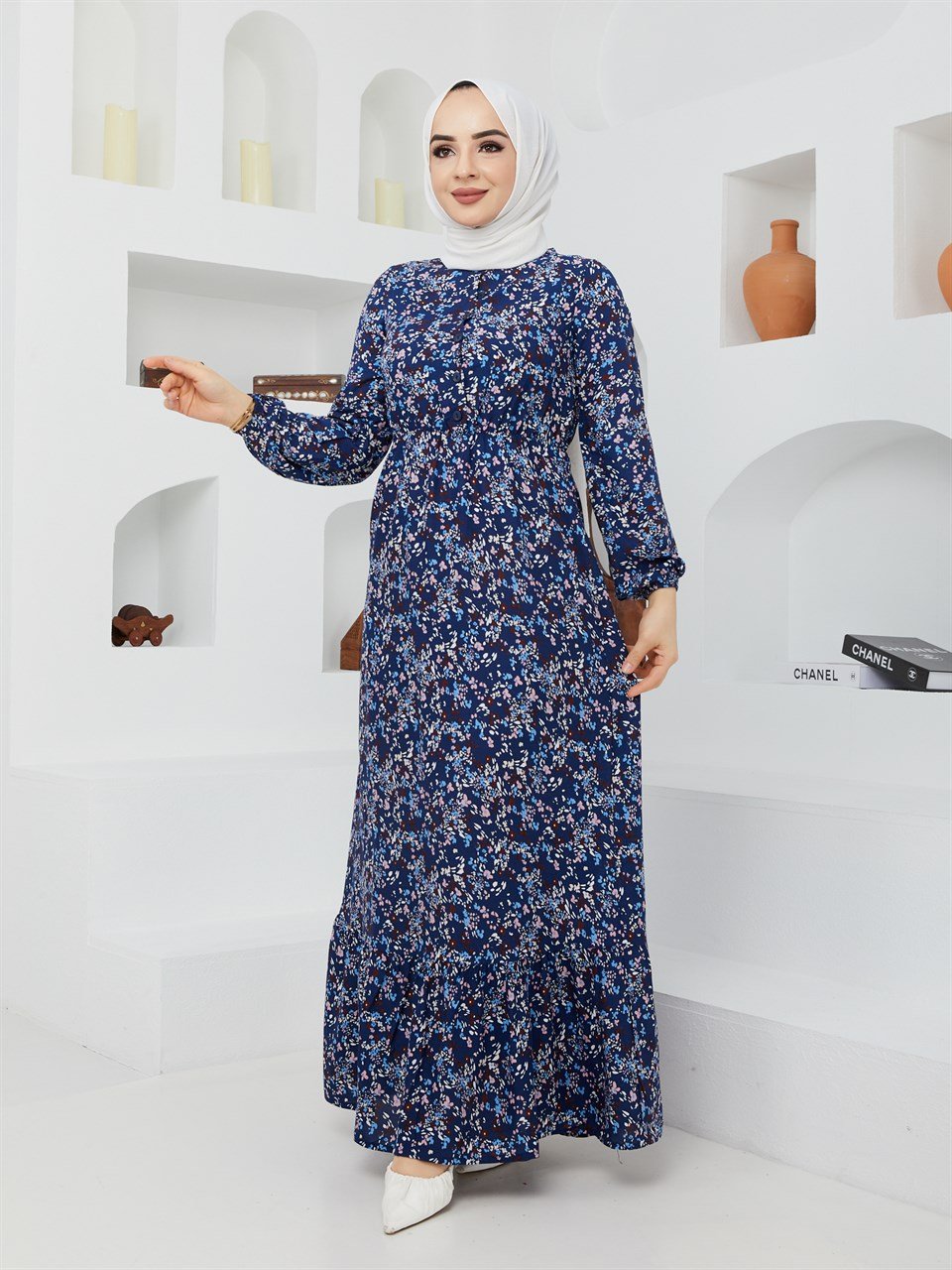 Çıtır Çiçek Desen Tesettür Elbise BLB 8800-57 Lacivert