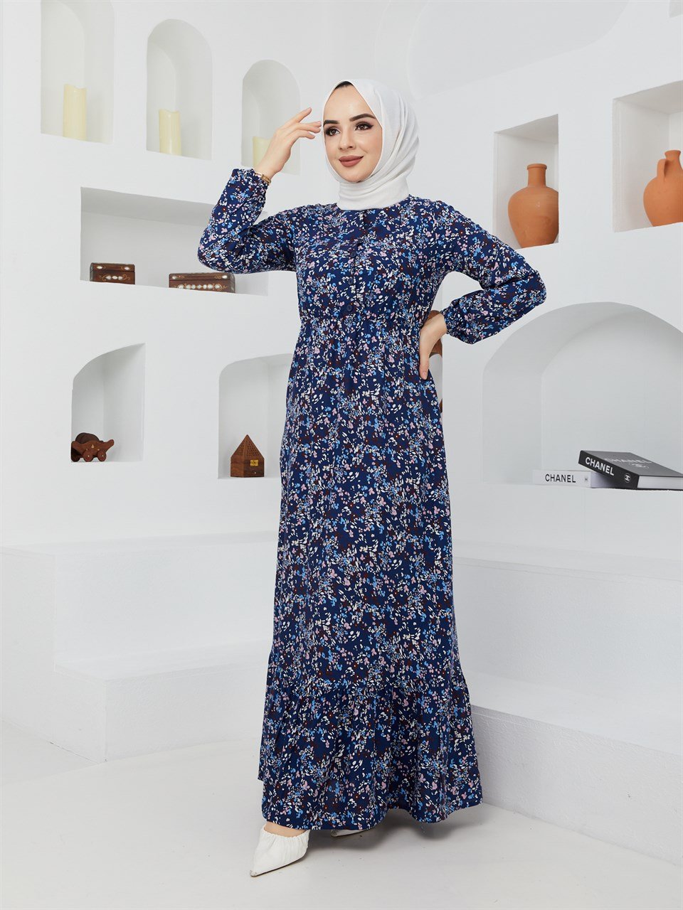 Çıtır Çiçek Desen Tesettür Elbise BLB 8800-57 Lacivert