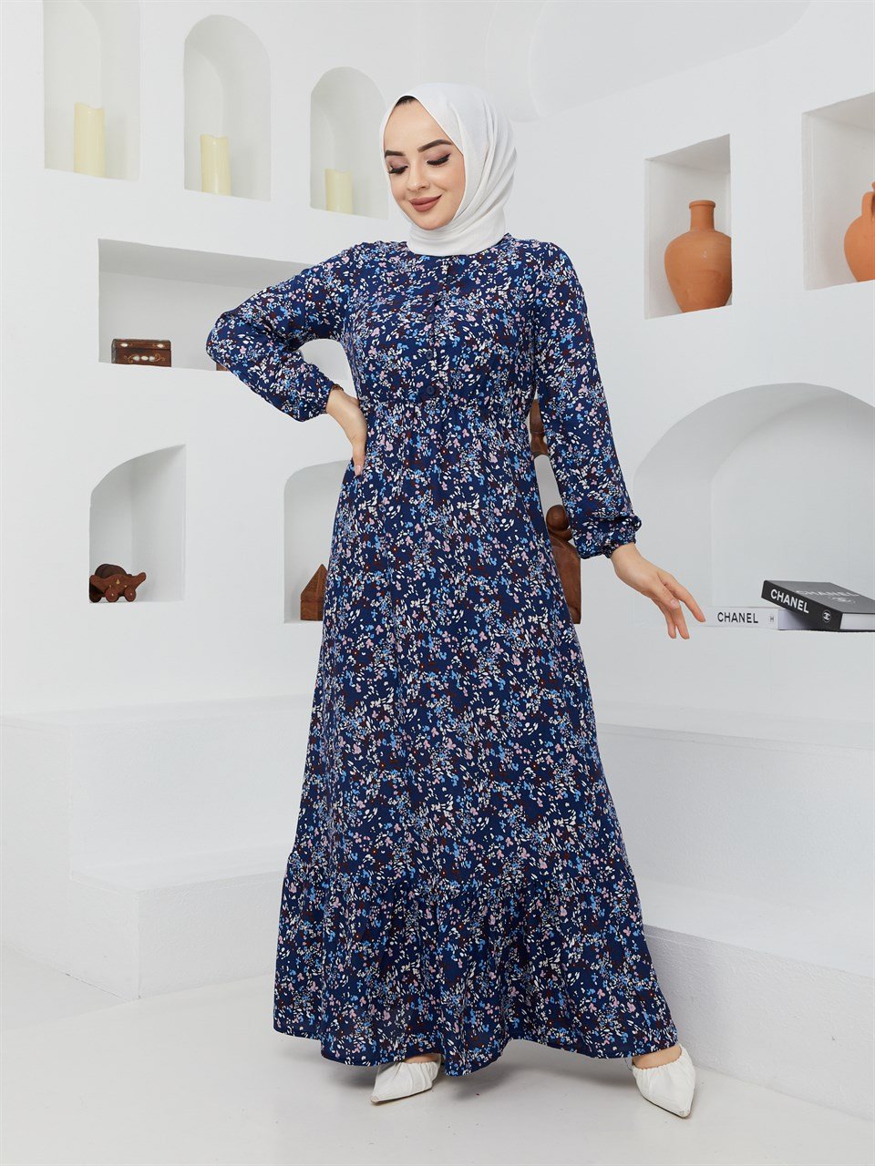 Çıtır Çiçek Desen Tesettür Elbise BLB 8800-57 Lacivert