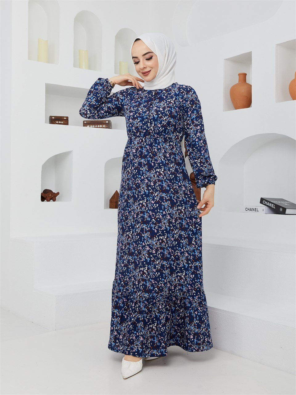 Çıtır Çiçek Desen Tesettür Elbise BLB 8800-57 Lacivert