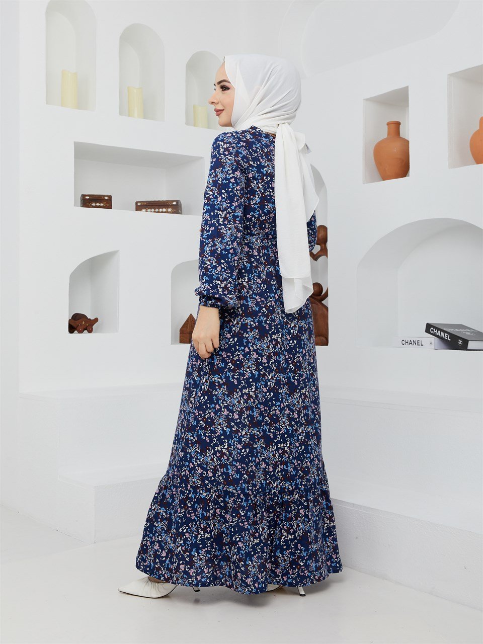 Çıtır Çiçek Desen Tesettür Elbise BLB 8800-57 Lacivert