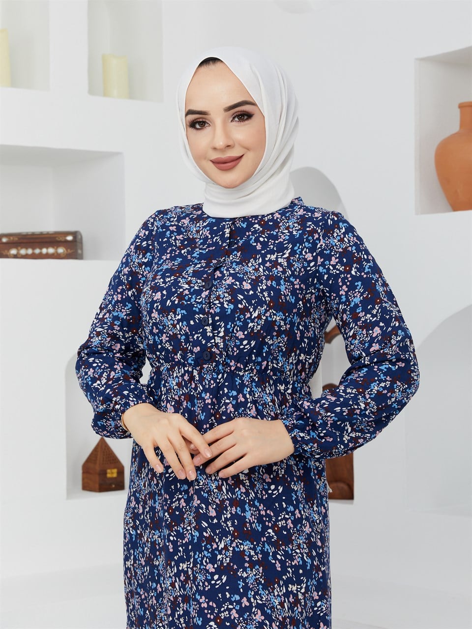 Çıtır Çiçek Desen Tesettür Elbise BLB 8800-57 Lacivert
