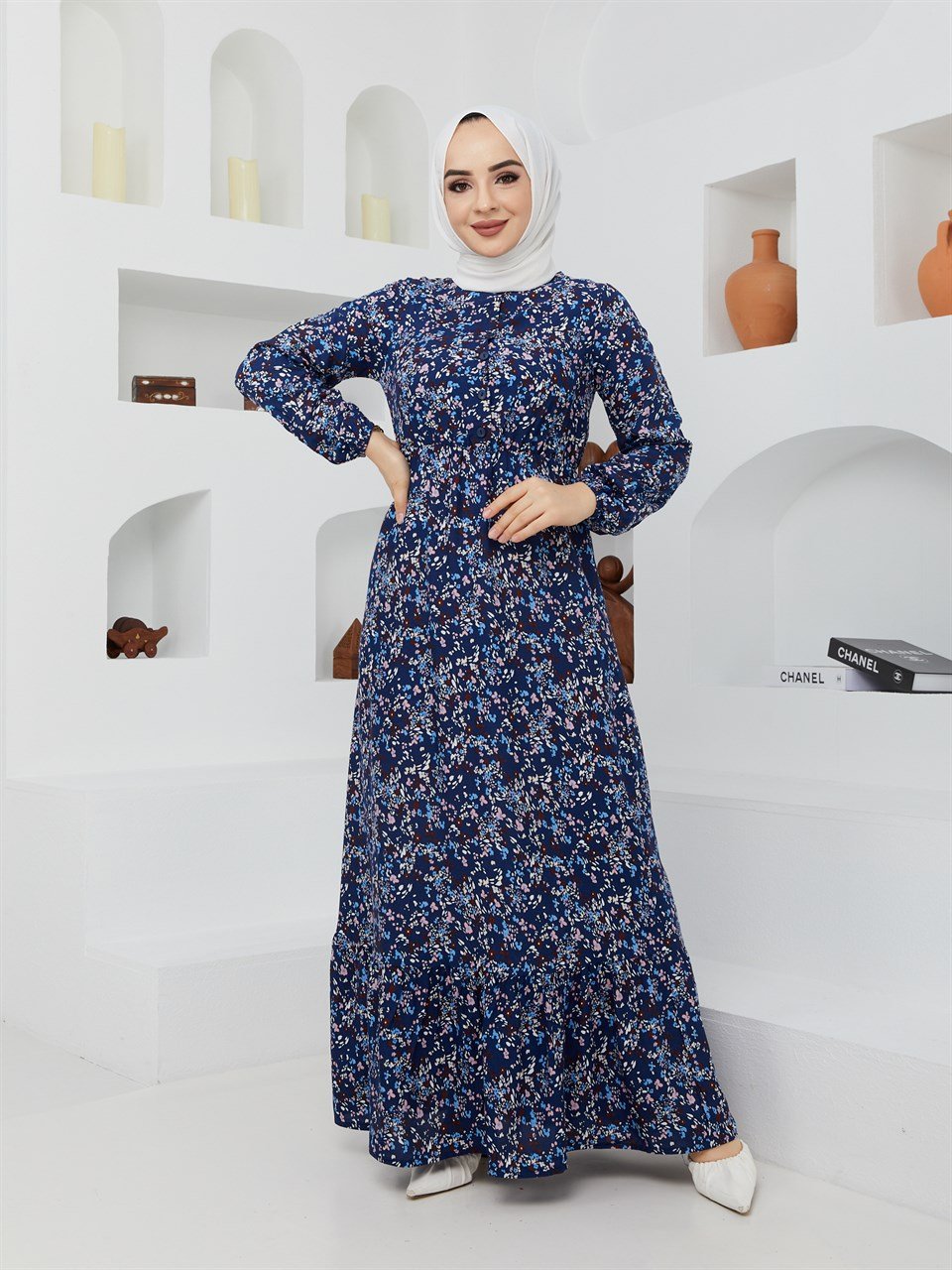 Çıtır Çiçek Desen Tesettür Elbise BLB 8800-57 Lacivert