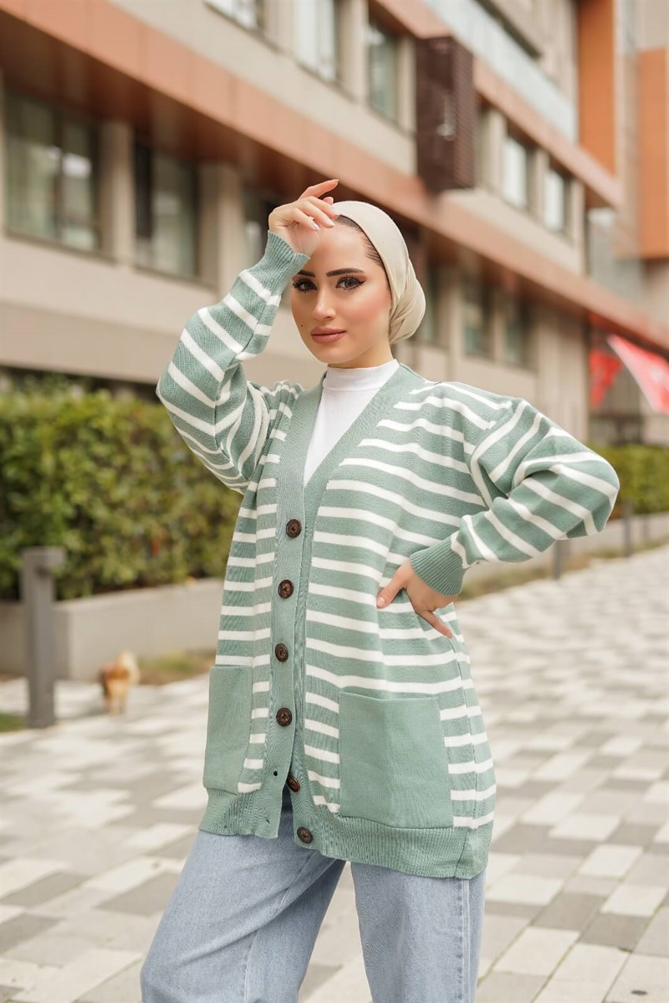 Çizgili Desen Triko Hırka 8896 Mint
