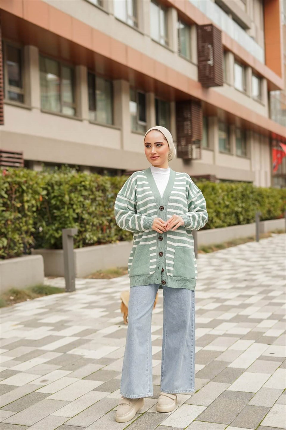 Çizgili Desen Triko Hırka 8896 Mint