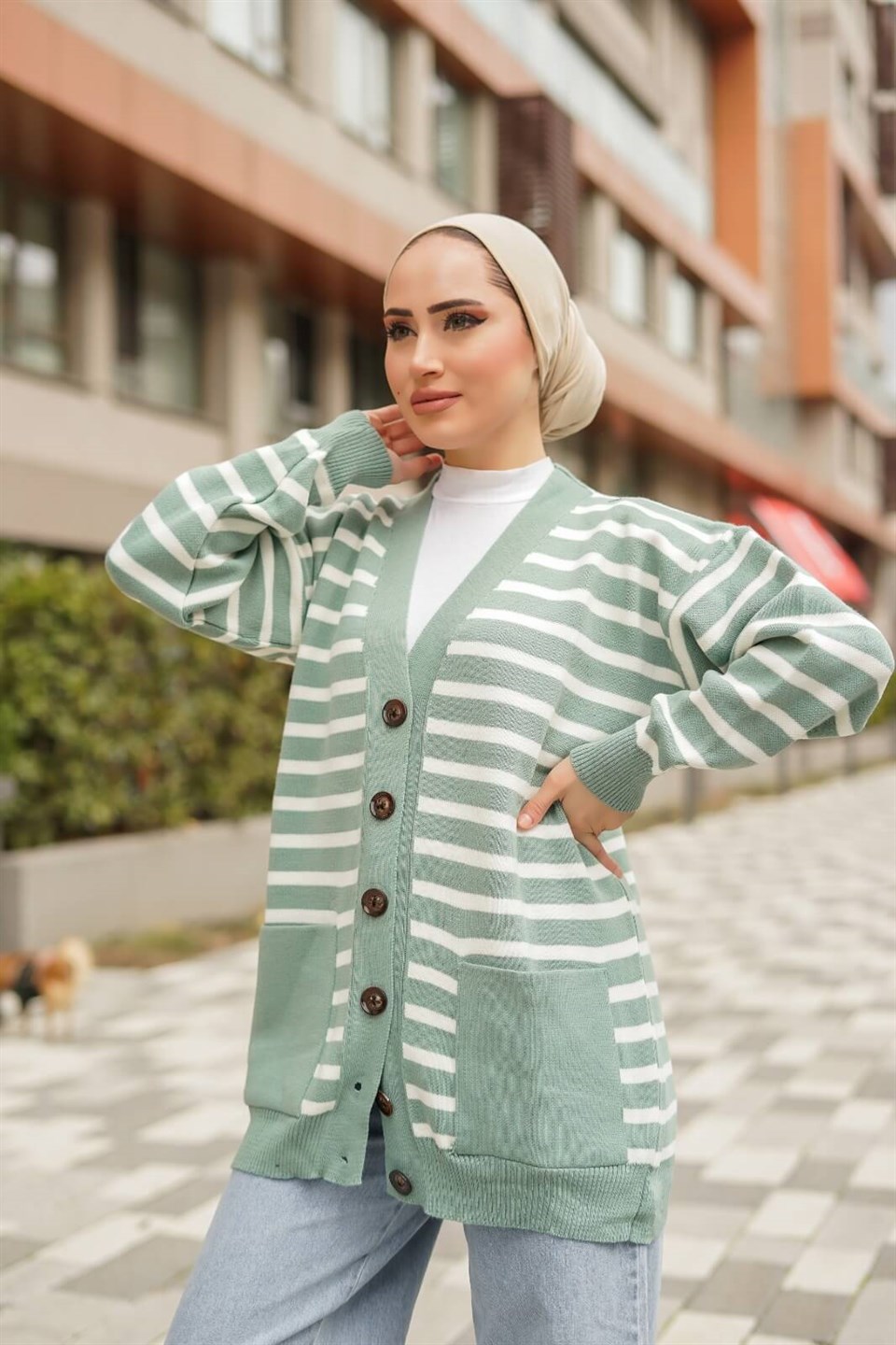 Çizgili Desen Triko Hırka 8896 Mint
