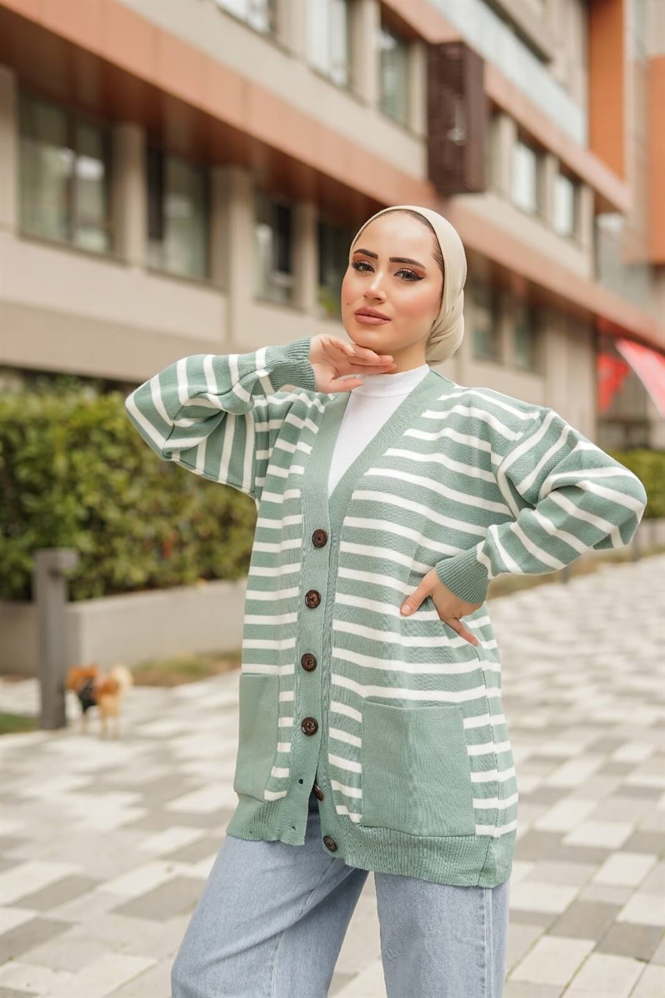 Çizgili Desen Triko Hırka 8896 Mint